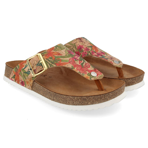 Haflinger cork footbed with toe post in tropical print leather sandal