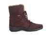 Brown nubuck leather ladies’ boots with brown fake fur trim, laces and dark low heeled sole. 