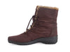 Brown nubuck leather ladies’ boots with brown fake fur trim, laces and dark low heeled sole. 