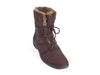 Brown nubuck leather ladies’ boots with brown fake fur trim, laces and dark low heeled sole. 