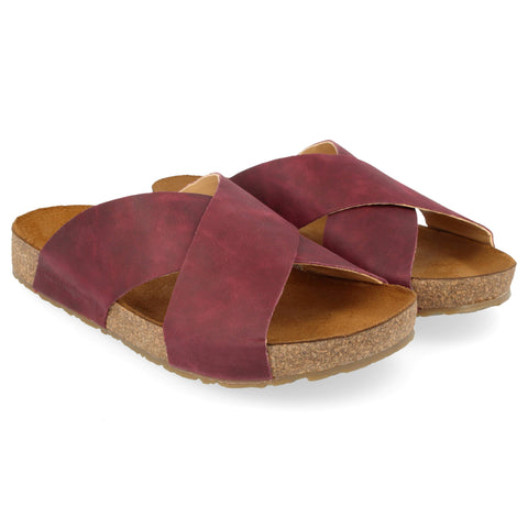 Haflinger cork footbed crossover bordo red leather sandal