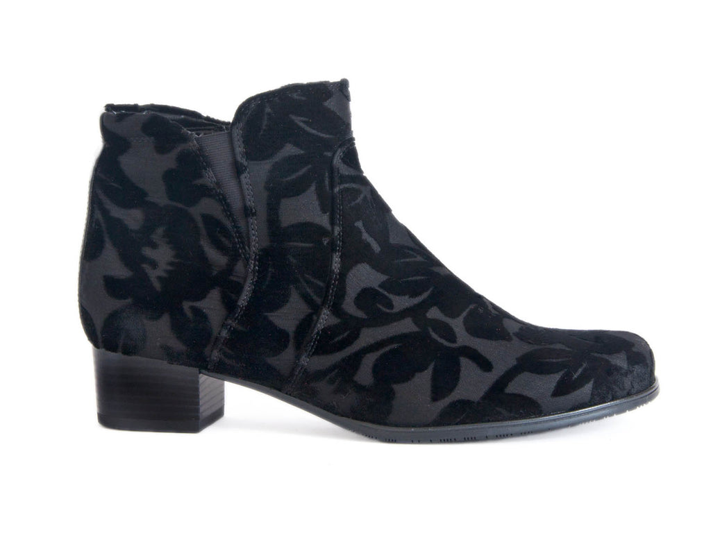 Ara flock leaf design black ankle boot