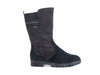 Mid-calf boot with darker top panel over the foot, fabric and striped detail to the back of the calf and a flat heel. 