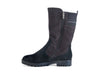 Mid-calf boot with darker top panel over the foot, fabric and striped detail to the back of the calf and a flat heel. 
