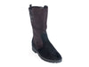Mid-calf boot with darker top panel over the foot, fabric and striped detail to the back of the calf and a flat heel. 