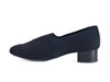 side view of black waterproof ladies court shoes with a small heel