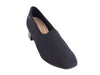 top view showing leather sole and black waterproof top on ladies black loafer style court shoe