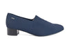 Side view of navy blue waterproof ladies court shoes with a small heel