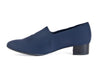 Side view of navy blue waterproof ladies court shoes with a small heel