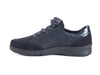 Navy blue nubuck and leather lace up trainer style shoe - instep side view
