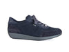 Navy blue mesh trainer with grey sole, wide black laces and leather trim. 