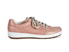 pale pink pearlised leather trainers with soft laces and white and brown rubber sole.