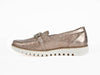gold metallic leather mocassin loafer with rope and bead detail trim and thick white sole 