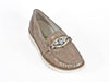 gold metallic leather mocassin loafer with rope and bead detail trim and thick white sole 
