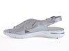 Silver leather sandals with silver buckle adjustable back strap, cushioned white sole and leather lining