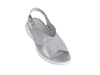 top view of silver leather sandals with silver buckle adjustable back strap, cushioned white sole and leather lining