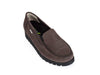 Grey nubuck leather loafer with chunky flat black cushioned soles