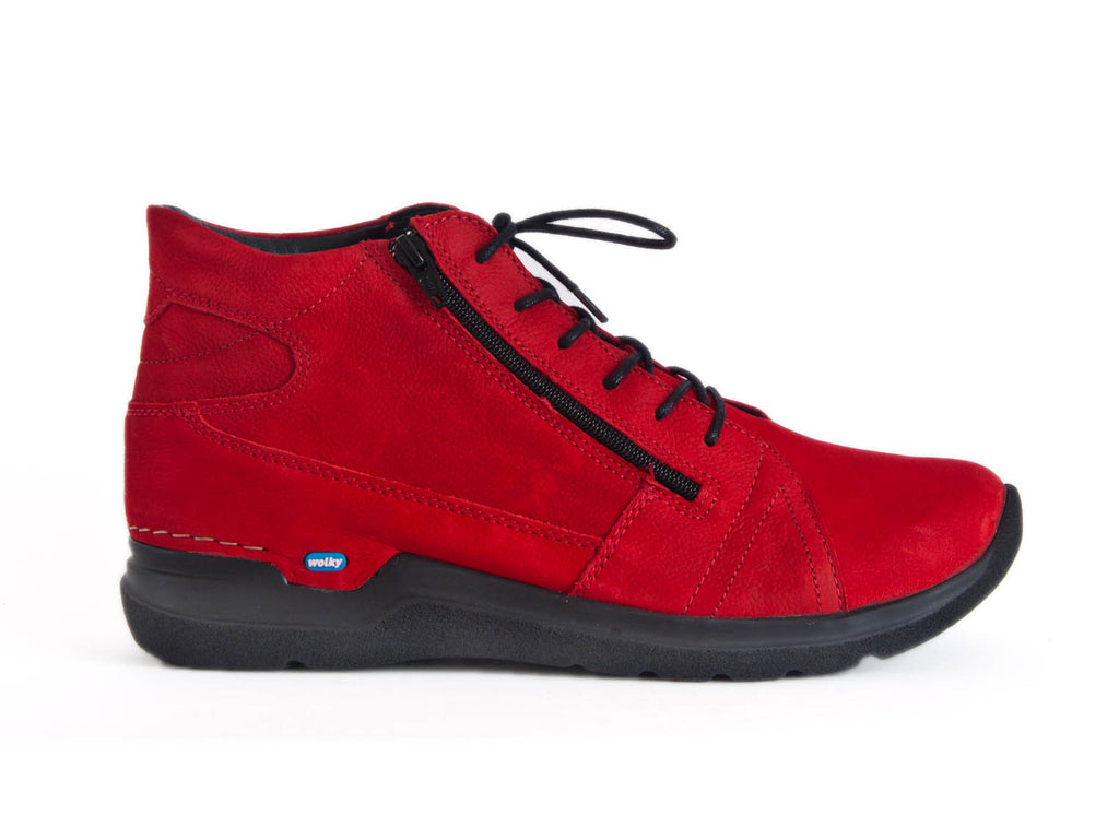 Bright red nubuck ankle boots with black sole, round laces and side zip