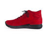 Bright red nubuck ankle boots with black sole, round laces and side zip