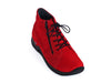 Bright red nubuck ankle boots with black sole, round laces and side zip