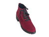 Overhead view of wine red nubuck suede ankle boots with black chunky grippy sole and heel