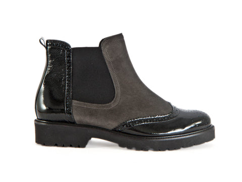 Semler black patent leather and grey nubuck brogue style boot