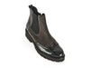 Brogue style ankle boot with patent black leather and taupe brown nubuck. Elasticated side and zip. Thick rubber sole. 