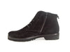 Side view of black suede brogue style ladies ankle boots with flat black heel and sole and skinny laces