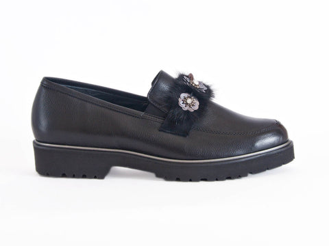 Sequin chunky sole black leather loafer