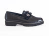 Ladies black leather loafers with cushioned sole and sequin and fur detail across the top of the shoe