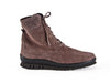 Brown ankle boot with grippy flat black heel and sole, narrow laces and stitching detail