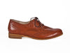 Side view of smart brown leather ladies brogue shoes with fine laces, flat heel and elegant punched leather detail