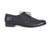 Side view of smart black leather ladies brogue shoes with fine laces, flat heel and elegant punched leather detail