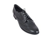 Overhead view of smart black leather ladies brogue shoes with fine laces, flat heel and elegant punched leather detail