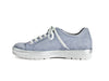 Pale blue trainers with silver sole and broad laces - side view