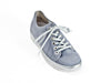 Pale blue trainers with silver sole and broad laces - top view