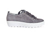 Side view of grey nubuck leather trainers with feature ribbon laces and thick white non-slip soles - Ellie Dickins Shoes