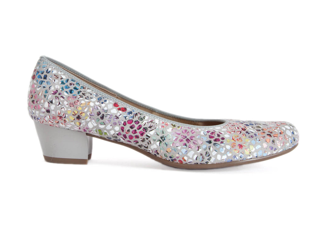 Multi coloured summery flowery ladies leather court shoe with grey mid height heel