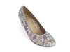top view of multi coloured summery flowery ladies leather court shoe with grey mid height heel