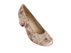 Very pretty ladies wide fit mid heel shoe with buff back decorated with gold and rose flowers. Round toe. Plain beige heel. 