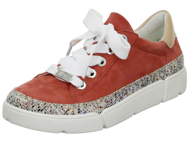 Soft red leather trainer with feature trim above chunky white sole, with black and wide white feature laces and metal eyelets