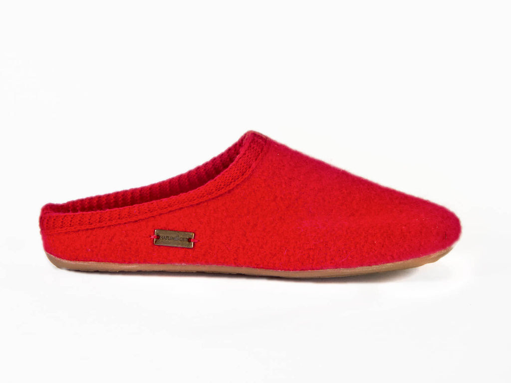 Haflinger wool non slip rubber sole red mule slipper