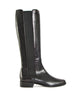 flat black leather knee high boot with full length elastic panel down one side and zip on opposite side