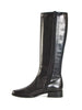 flat black leather knee high boot with full length elastic panel down one side and zip on opposite side