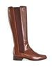 flat cognac coloured tan leather knee high boot with full length elastic panel down one side and zip on opposite side