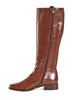 flat cognac coloured tan leather knee high boot with full length elastic panel down one side and zip on opposite side