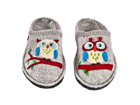 Haflinger pure wool non slip sole grey Mr & Mrs Owl slipper