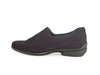 Ladies slip-on black loafer shoes with stitching detail to top and sides and moulded heel and sole. 