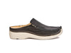 Black leather upper with white stitching and thick soft white rubberised sole mule slip on shoes