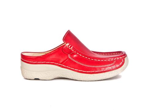 Wolky Roll Slide red leather mule